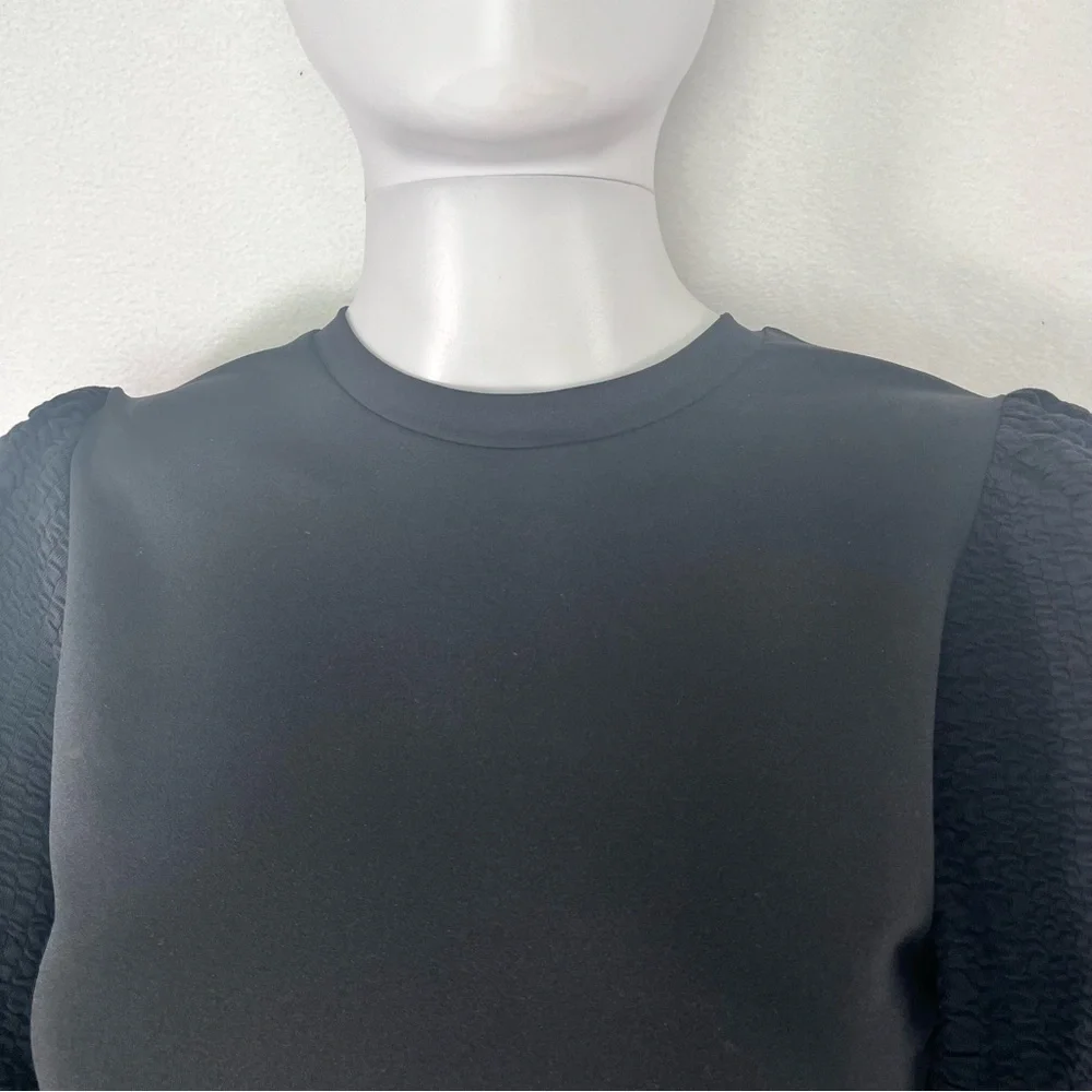 Bershka Blouse Long Puff Textured Sleeve Cropped Black Party Y2K Knit Top Size L